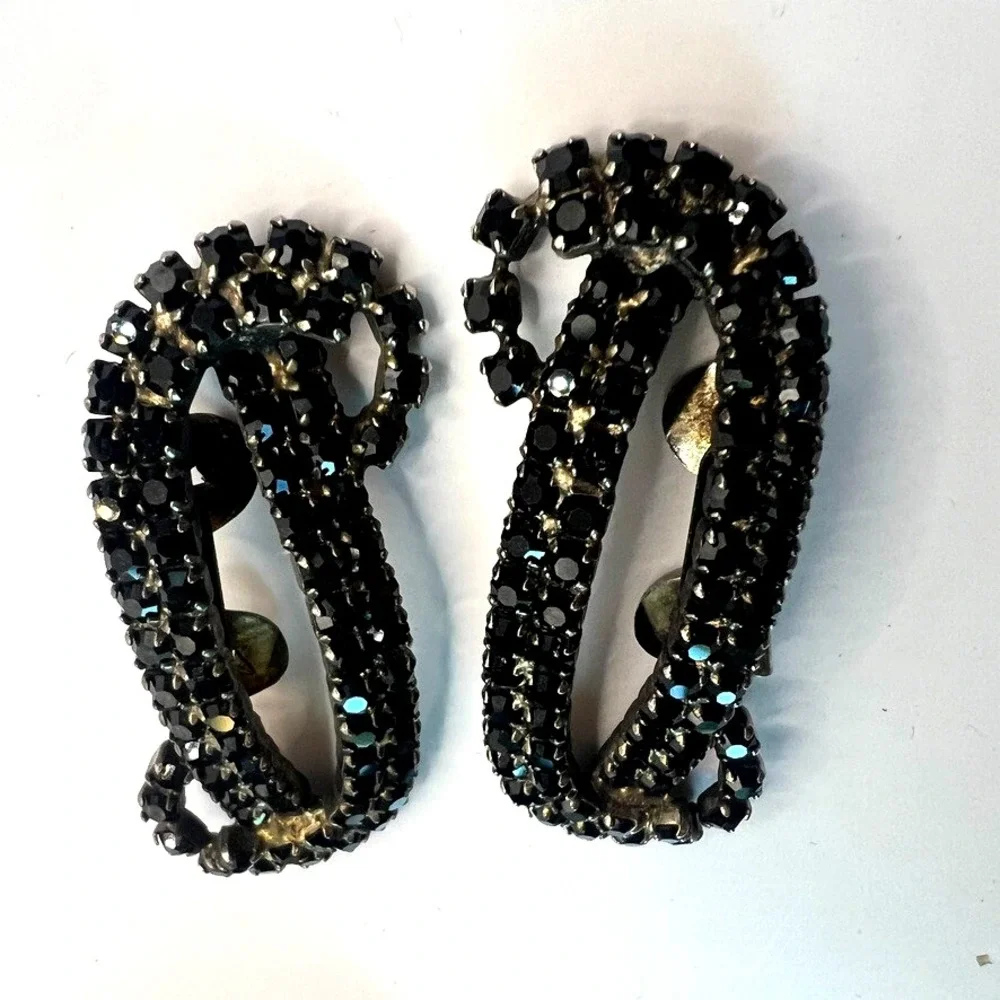 Vintage MUSI Black Rhinestone Shoe Clips‎ 1950s Mid Century Glam Accessory MCM